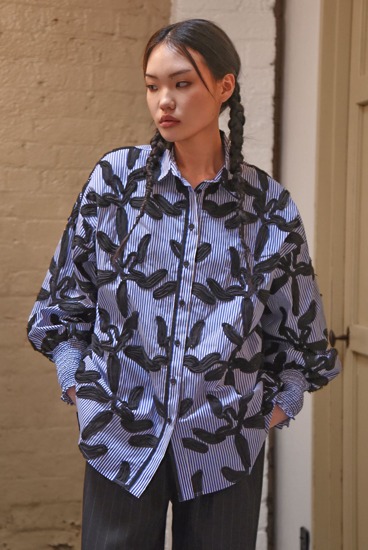 TRELISE COOPER Time to Shir Shirt - Blue Stripe/Black Lack - Magpie Style