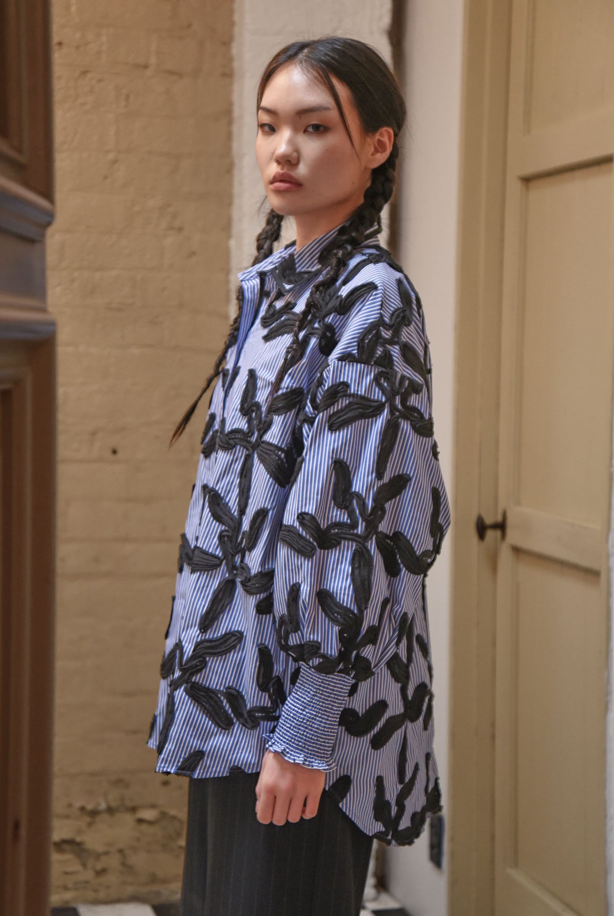 TRELISE COOPER Time to Shir Shirt - Blue Stripe/Black Lack - Magpie Style