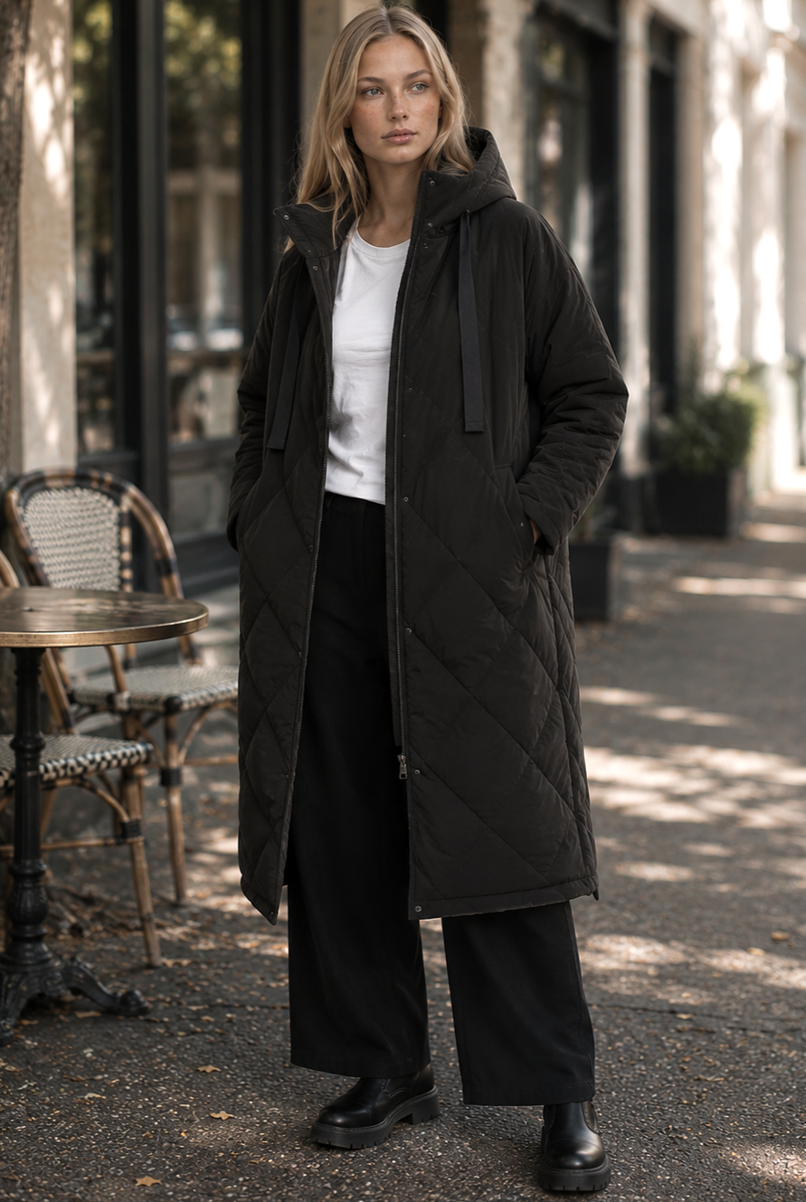 TIRELLI Diamond Quilt Puffer Coat - Black - Magpie Style