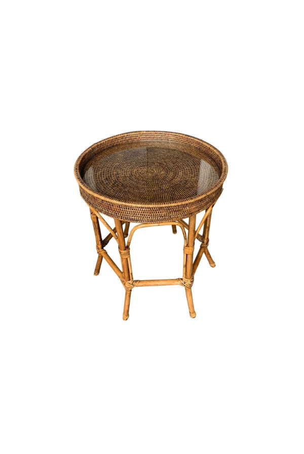 Rattan Colonial Round Side Table with Glass Insert - Magpie Style