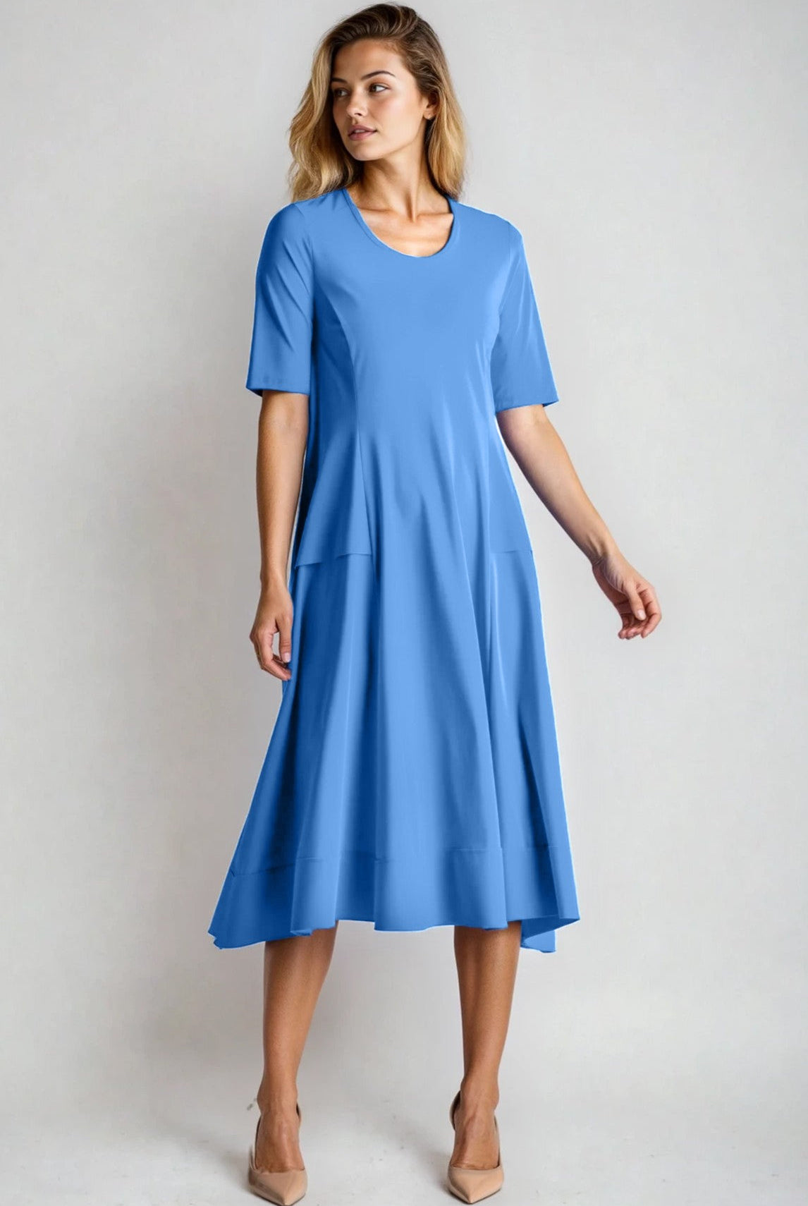 PAULA RYAN A-line Half Sleeve Tab Dress - Cornflower Microjersey - Paula Ryan