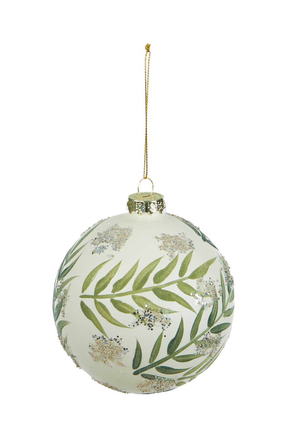 Glass Bauble - Green with leafy sprigs and silver glitter floral detail