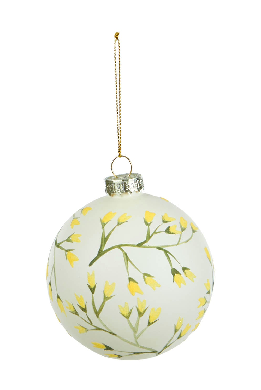 Glass Bauble - White with yellow flowers and green stems