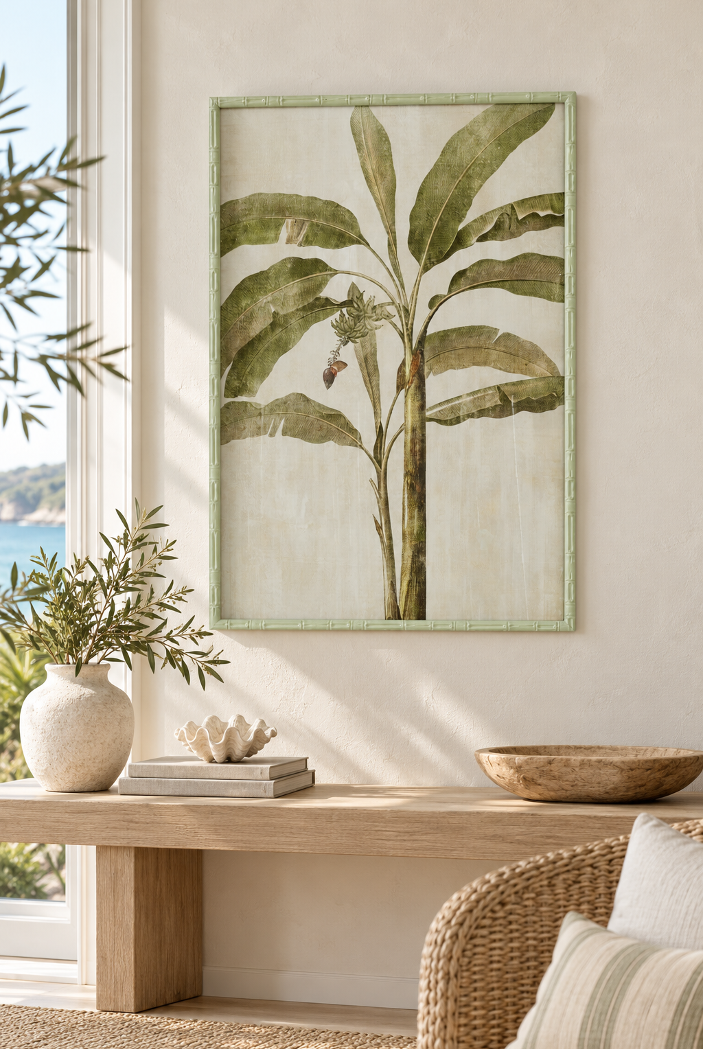 Banana Palm Botanical Panel styled in a refined sunlit coastal home