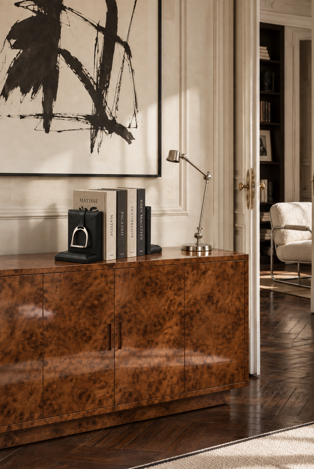 Black Leather Bookends with Stirrups styled in paris study