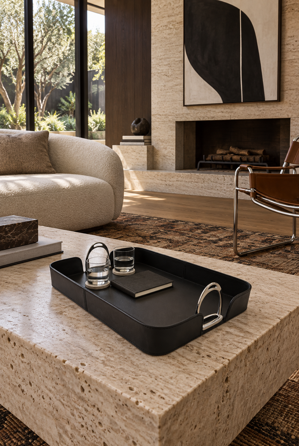 Black Leather Tray with Stirrups styled in sculptural living room