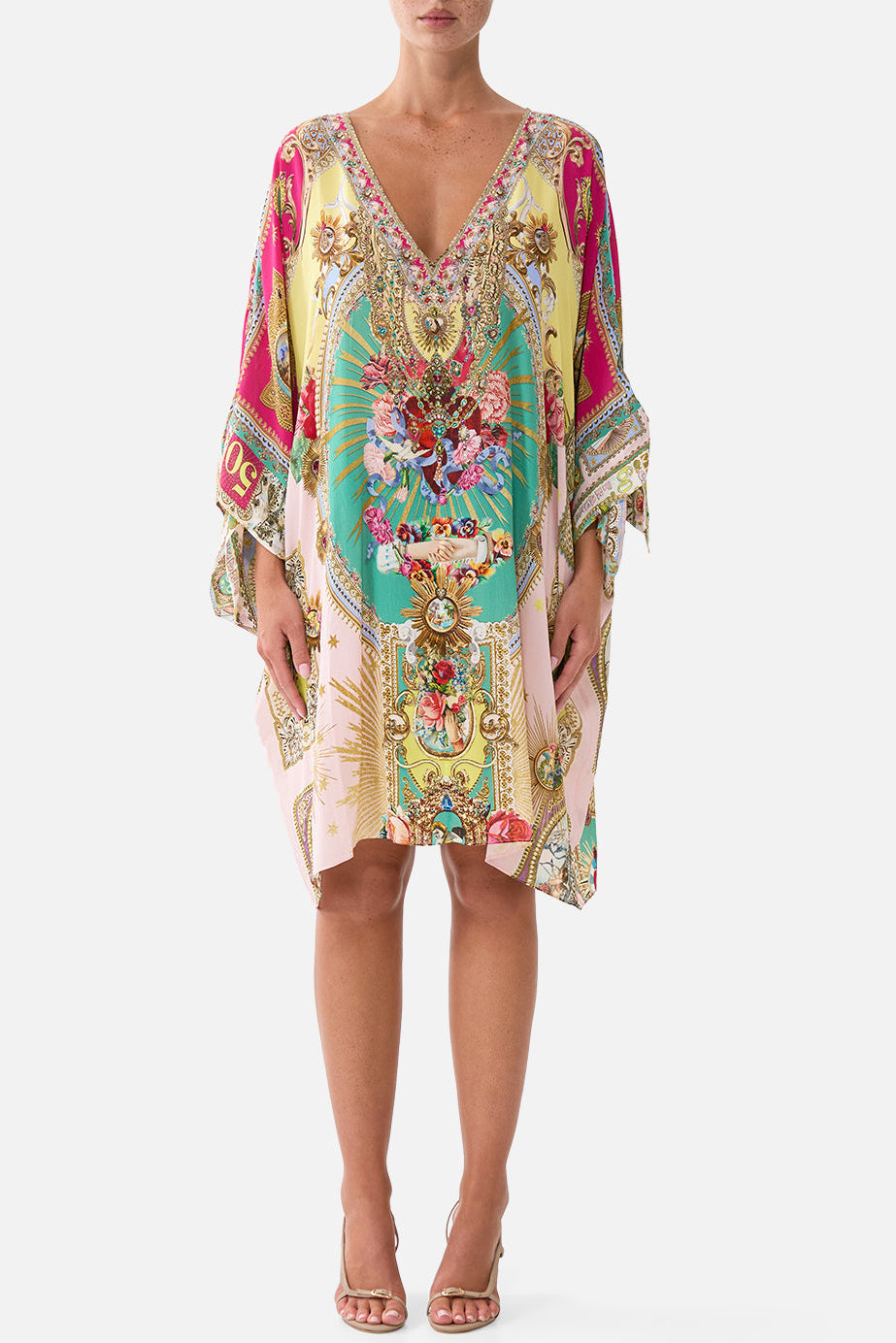 CAMILLA Tie Sleeve Short V Neck Kaftan - Painted Prayers - view 1