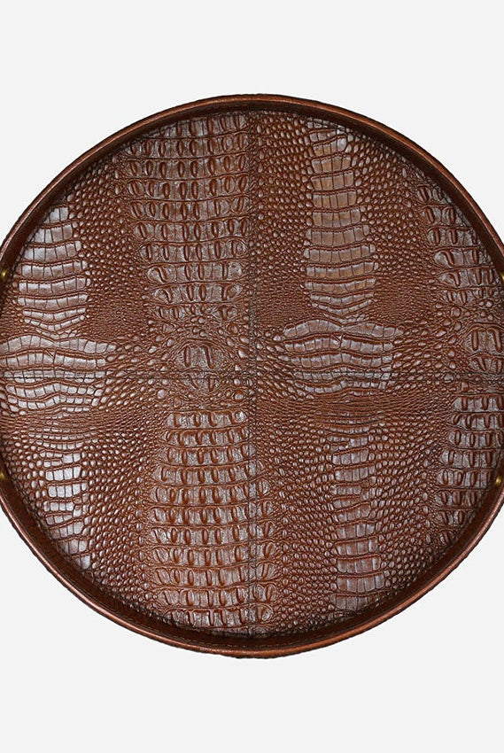 Croc Leather Round Tray with Brass Handles, alternate view