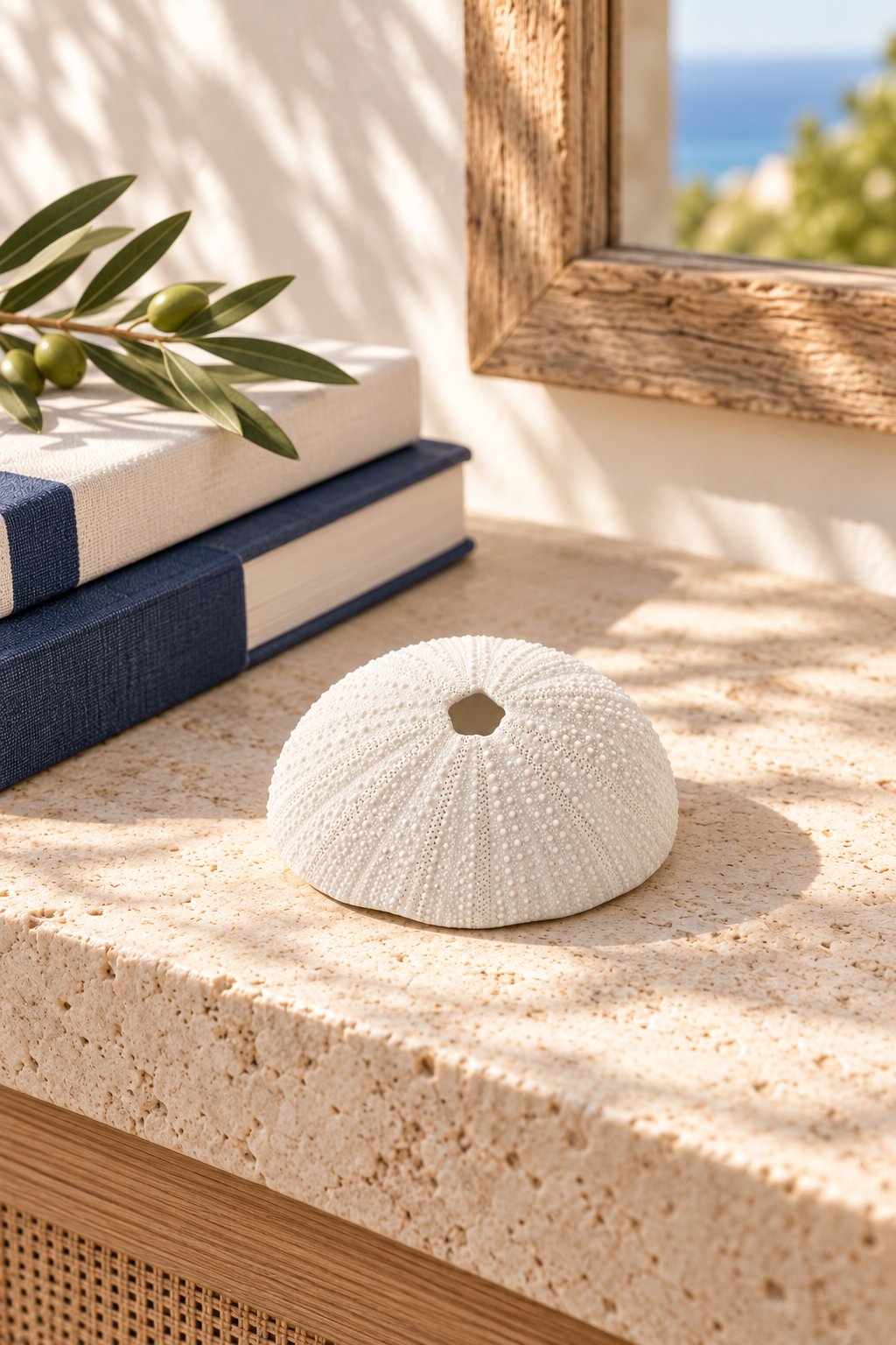 White sea urchin decorative sculpture styled in a coastal interior