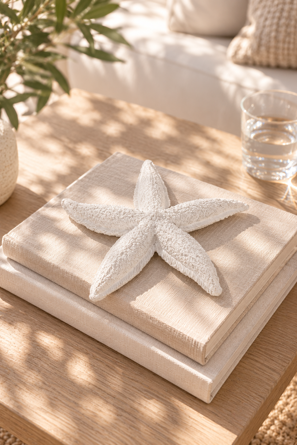 White starfish resin sculpture styled on linen books in a coastal interior