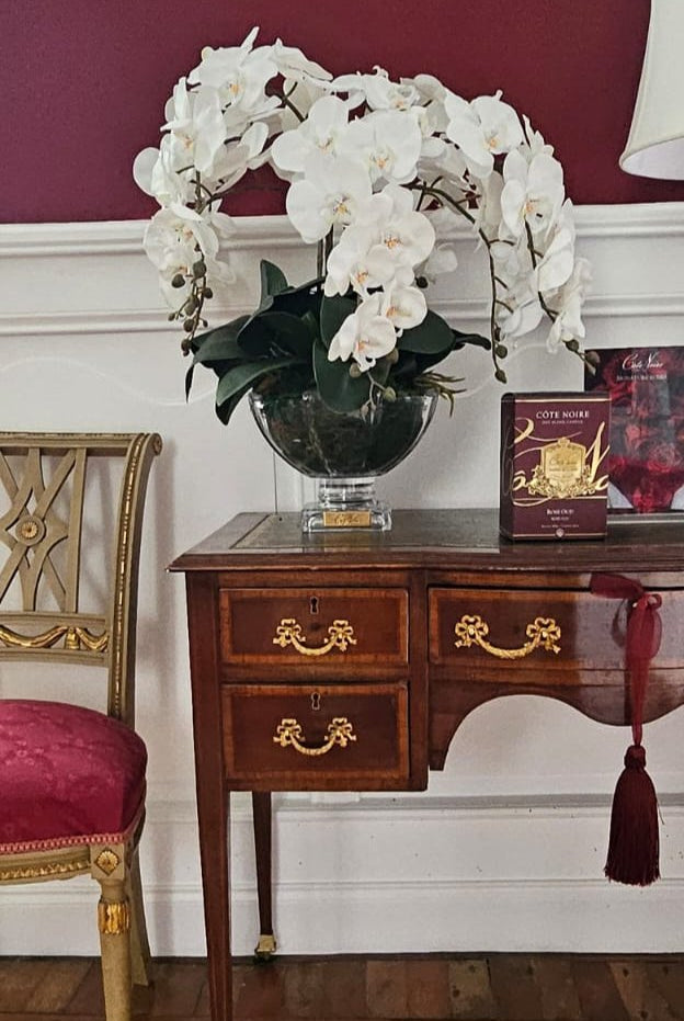 Cote Noire Tall White Orchid Centrepiece styled in a room, CPO01