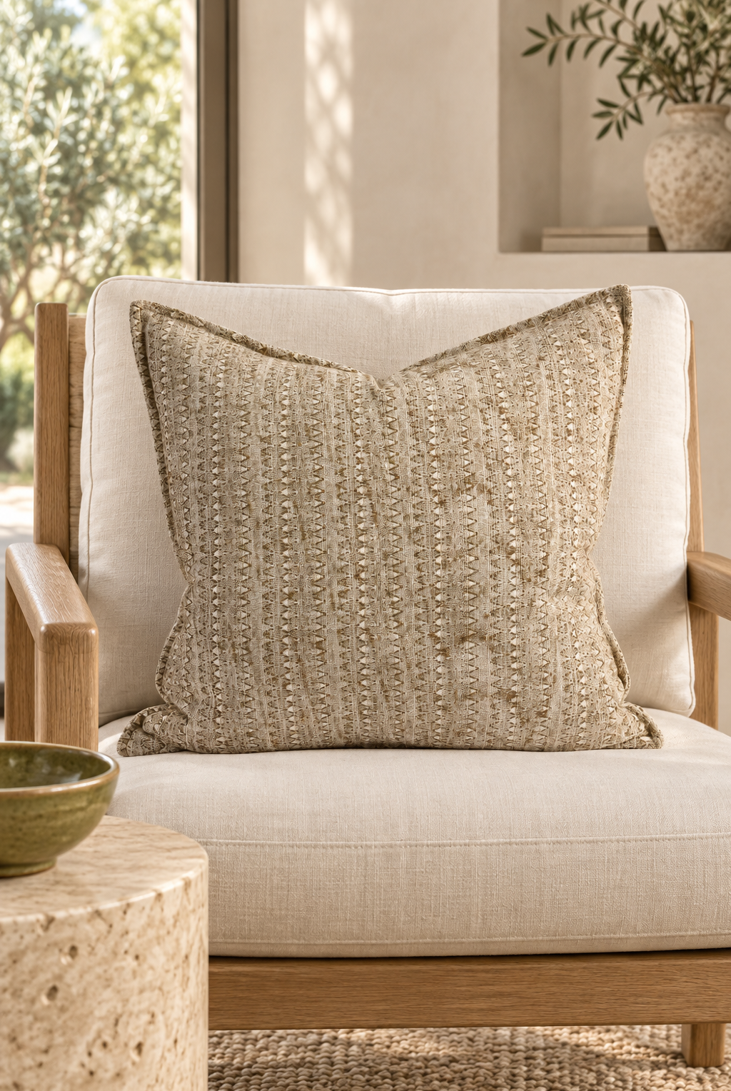 EADIE Lowan Cushion - Natural/Chocolate - 50 cm styled in timber chair