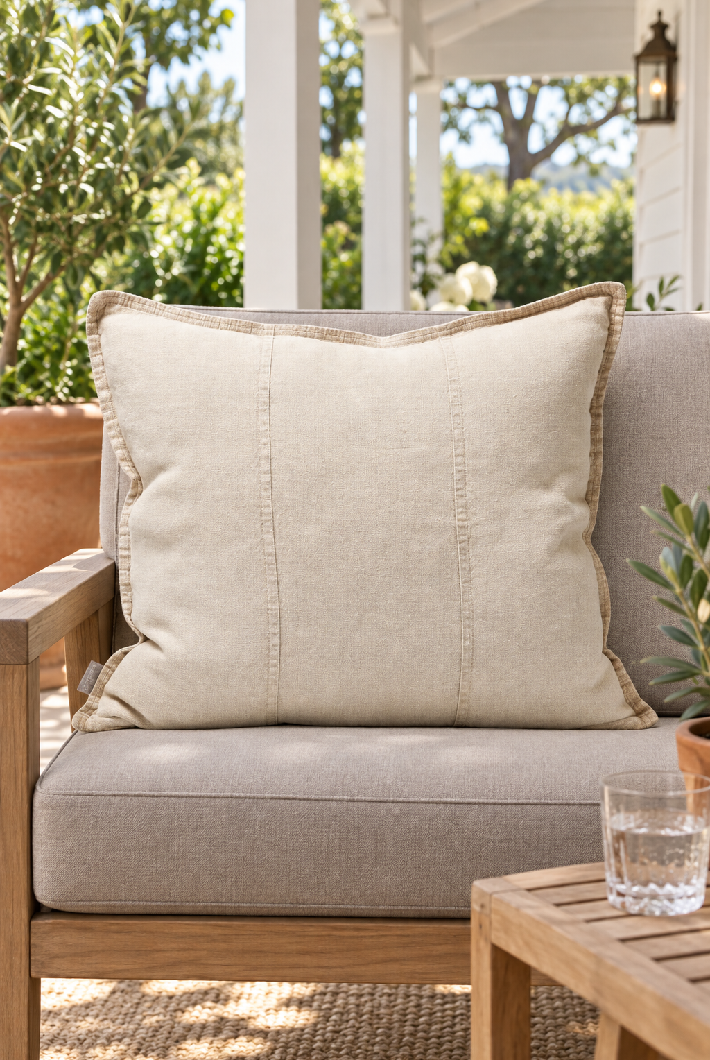EADIE Luca Linen Outdoor Cushion - Natural - 60cm styled in covered veranda
