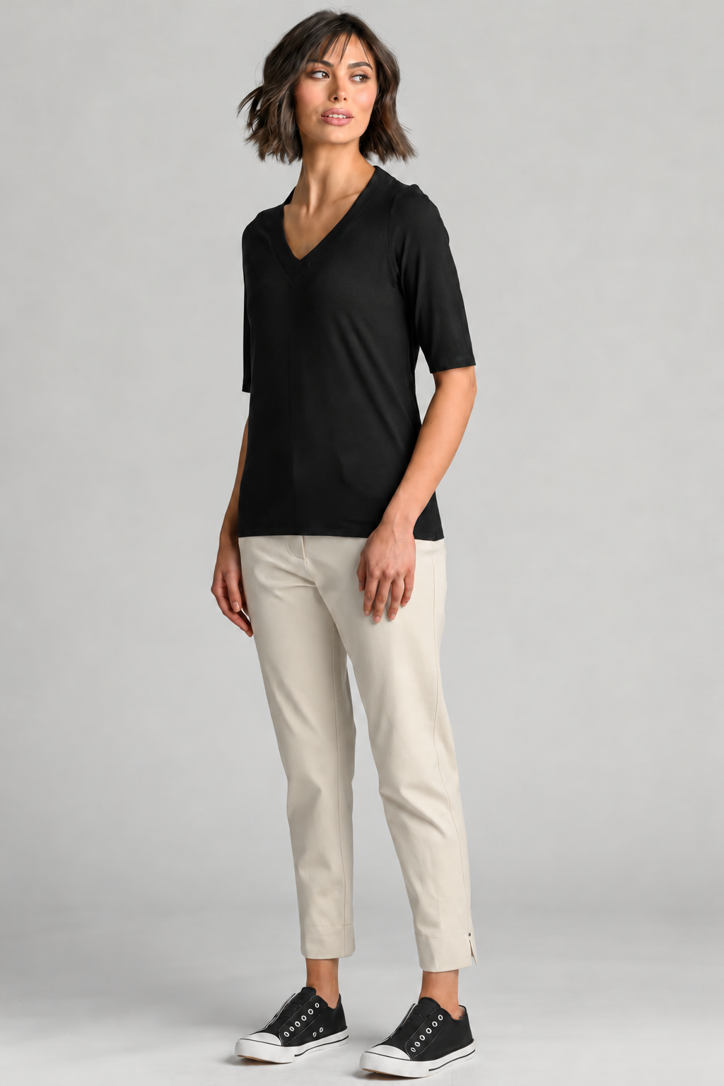 PAULA RYAN Easy Fit Half Sleeve V Neck Top - Black EcoVero - Paula Ryan