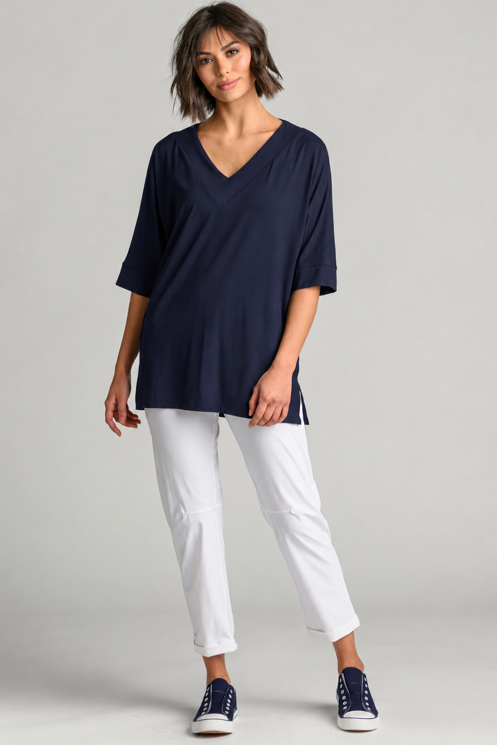 PAULA RYAN Long V Neck Relaxed Top - Navy EcoVero - Paula Ryan