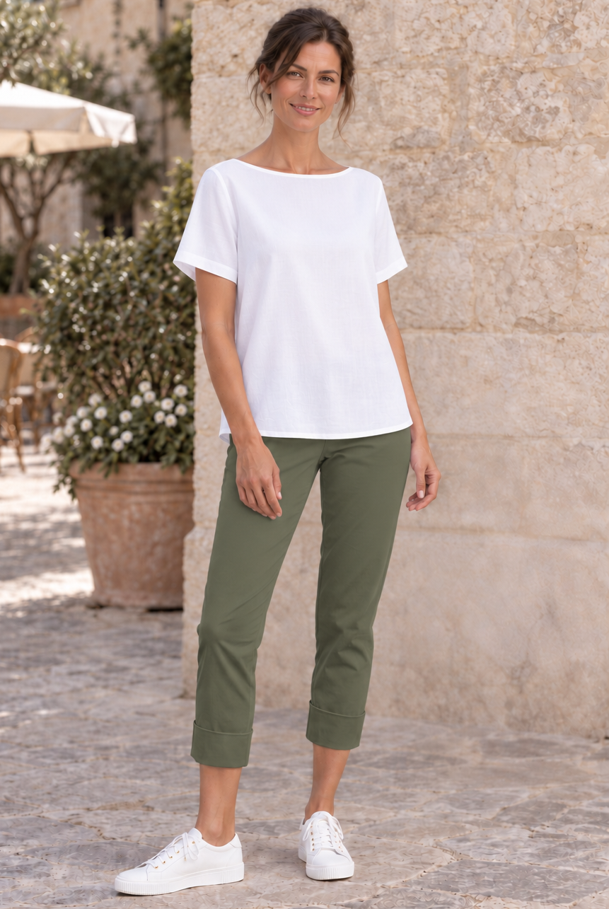 PAULA RYAN ESSENTIALS Wide Cuff Capri Pant - Classic Microjersey Khaki Green - Paula Ryan
