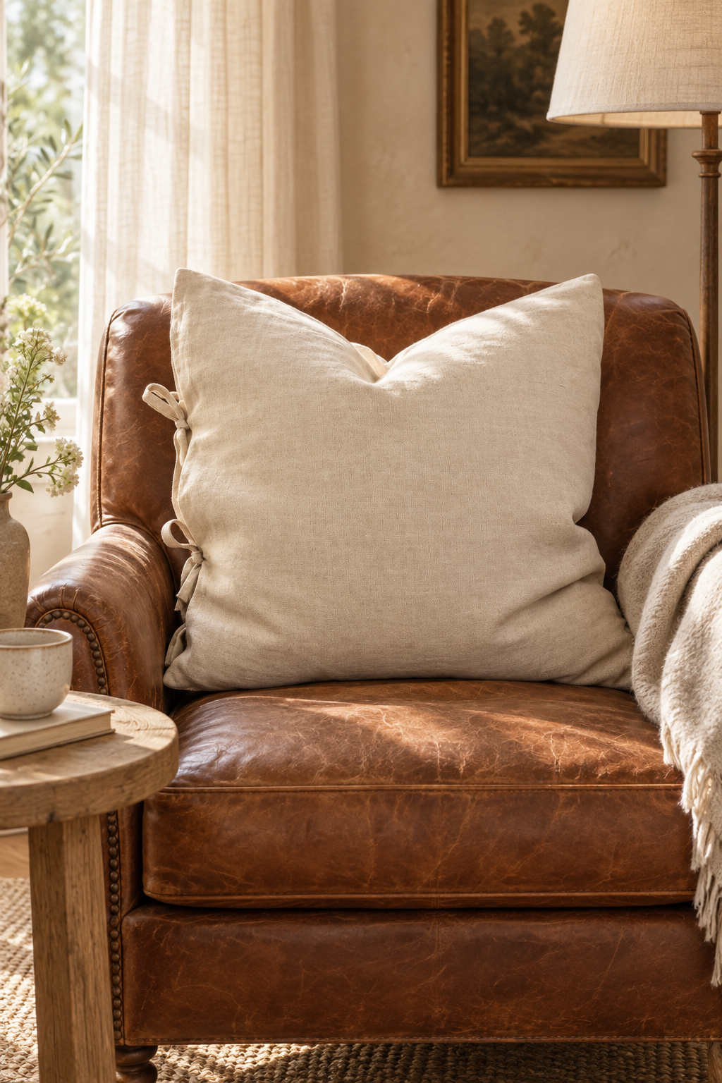 Flax Tie Cushion - Natural styled in sitting room