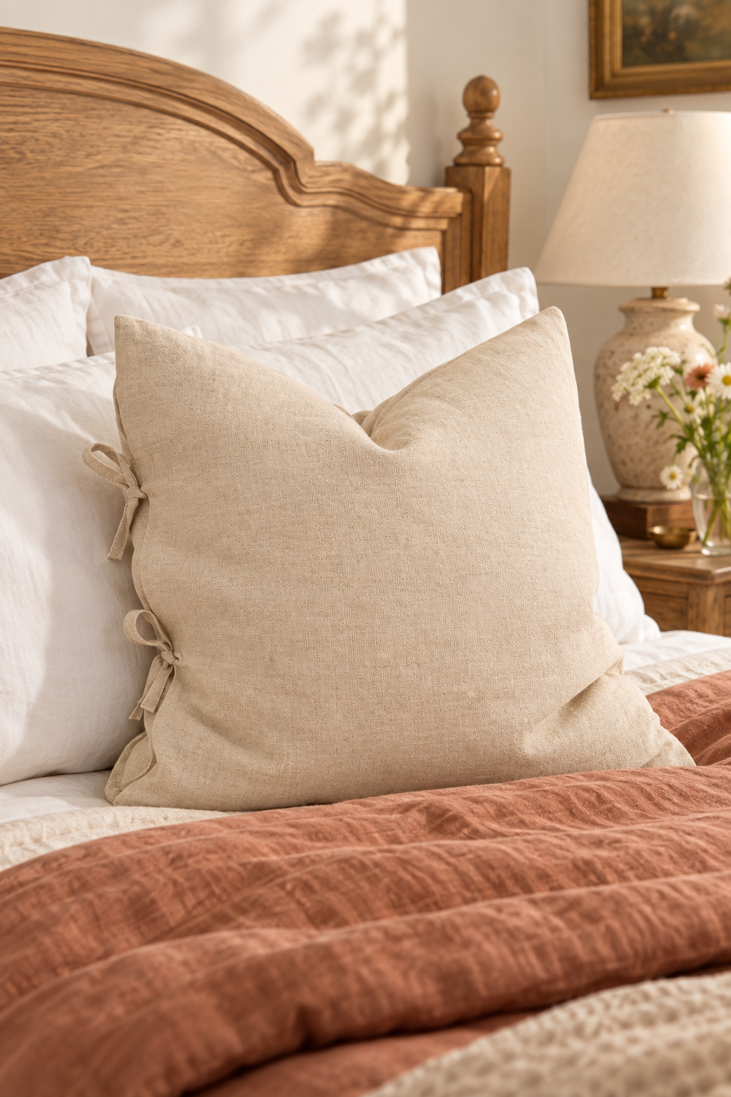Flax Tie Cushion - Natural styled in bedroom