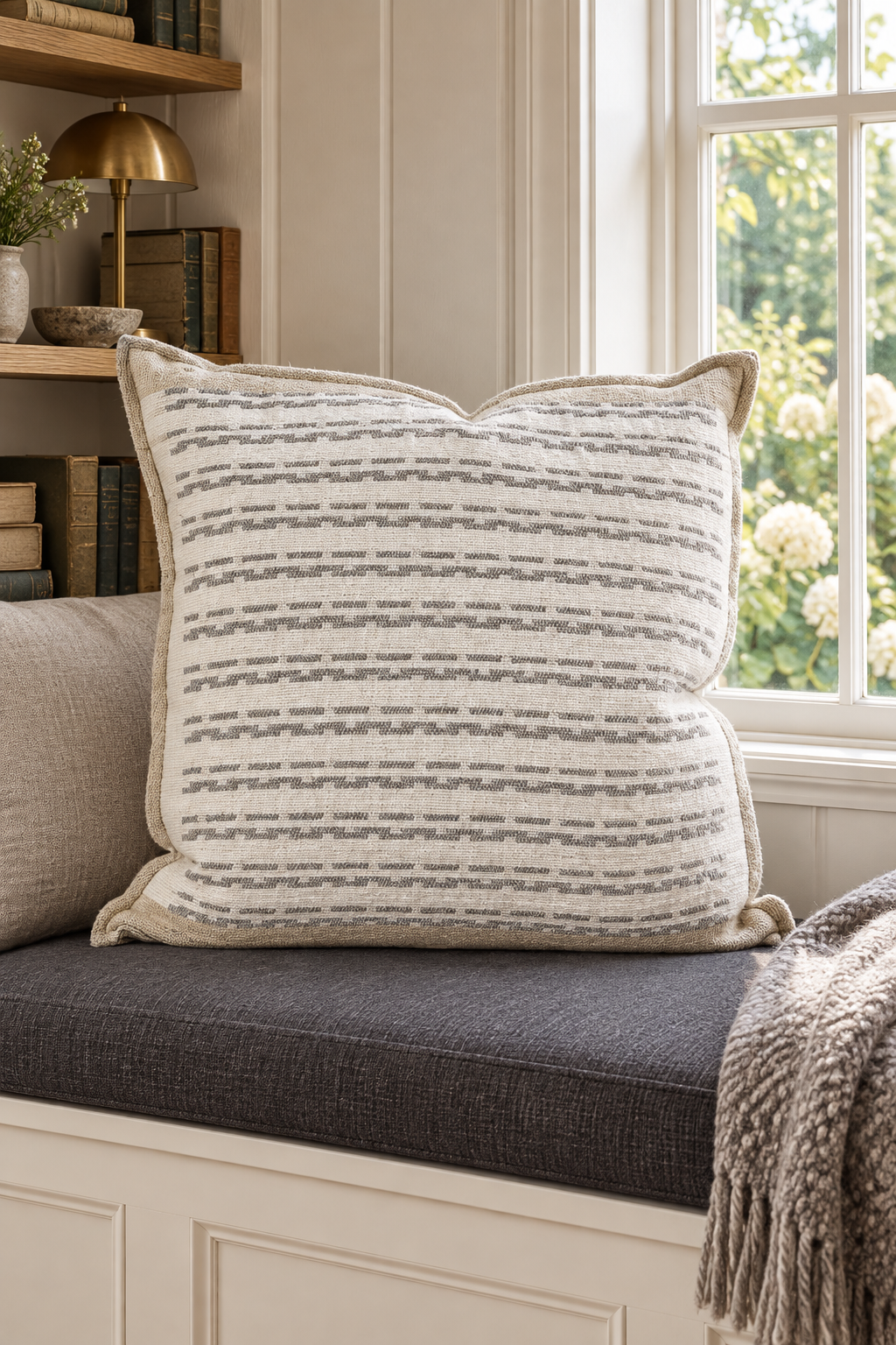 Large Hagen Cushion - Off White/Slate - 60cm styled in window nook