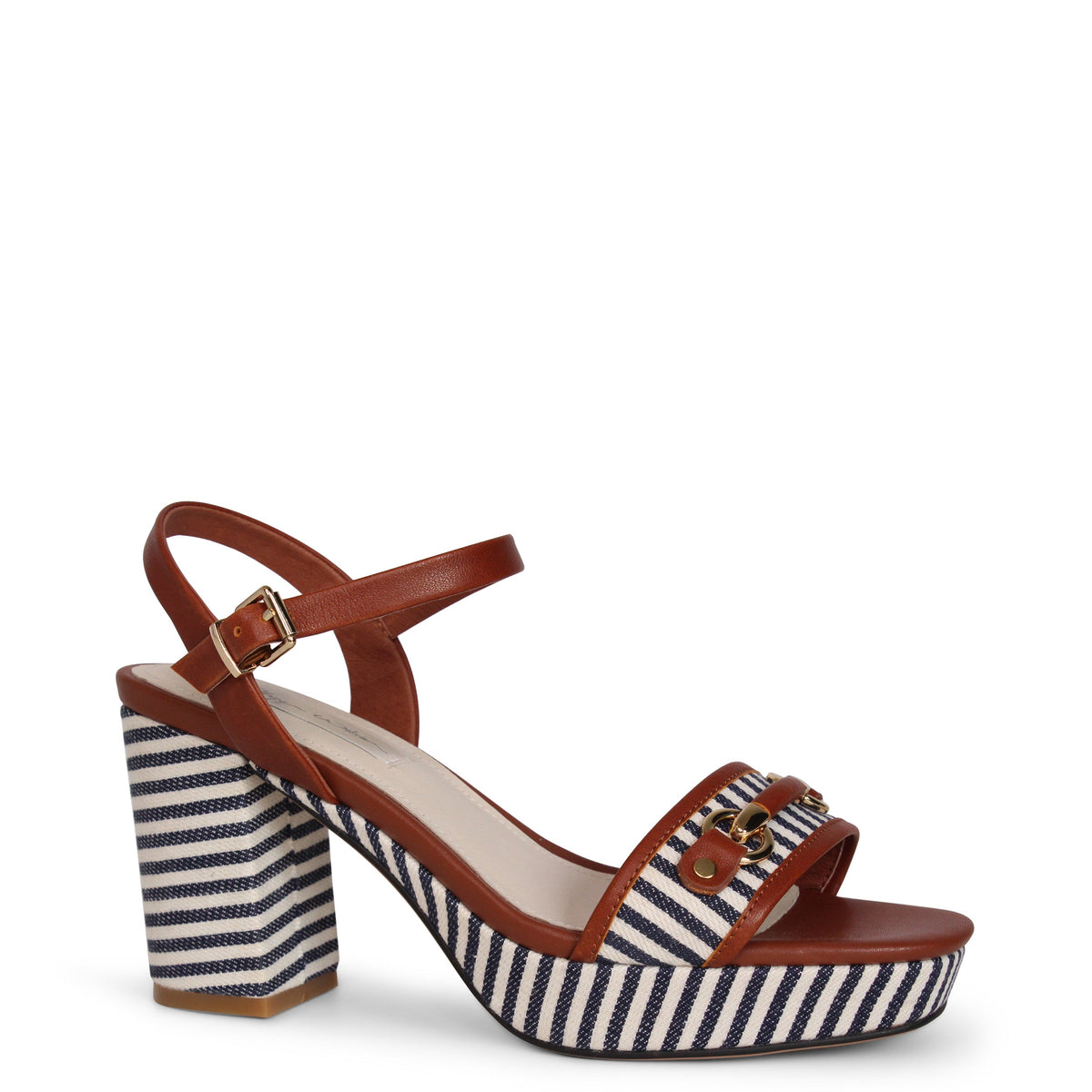 Kathryn Wilson Olivia Heel in Walnut Calf/Ink Stripe, angled view