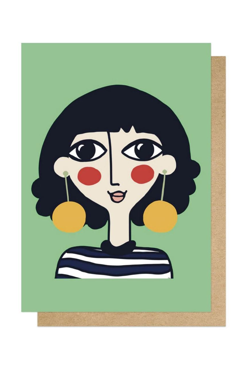 Woman With Orange Earrings Card by East End Prints