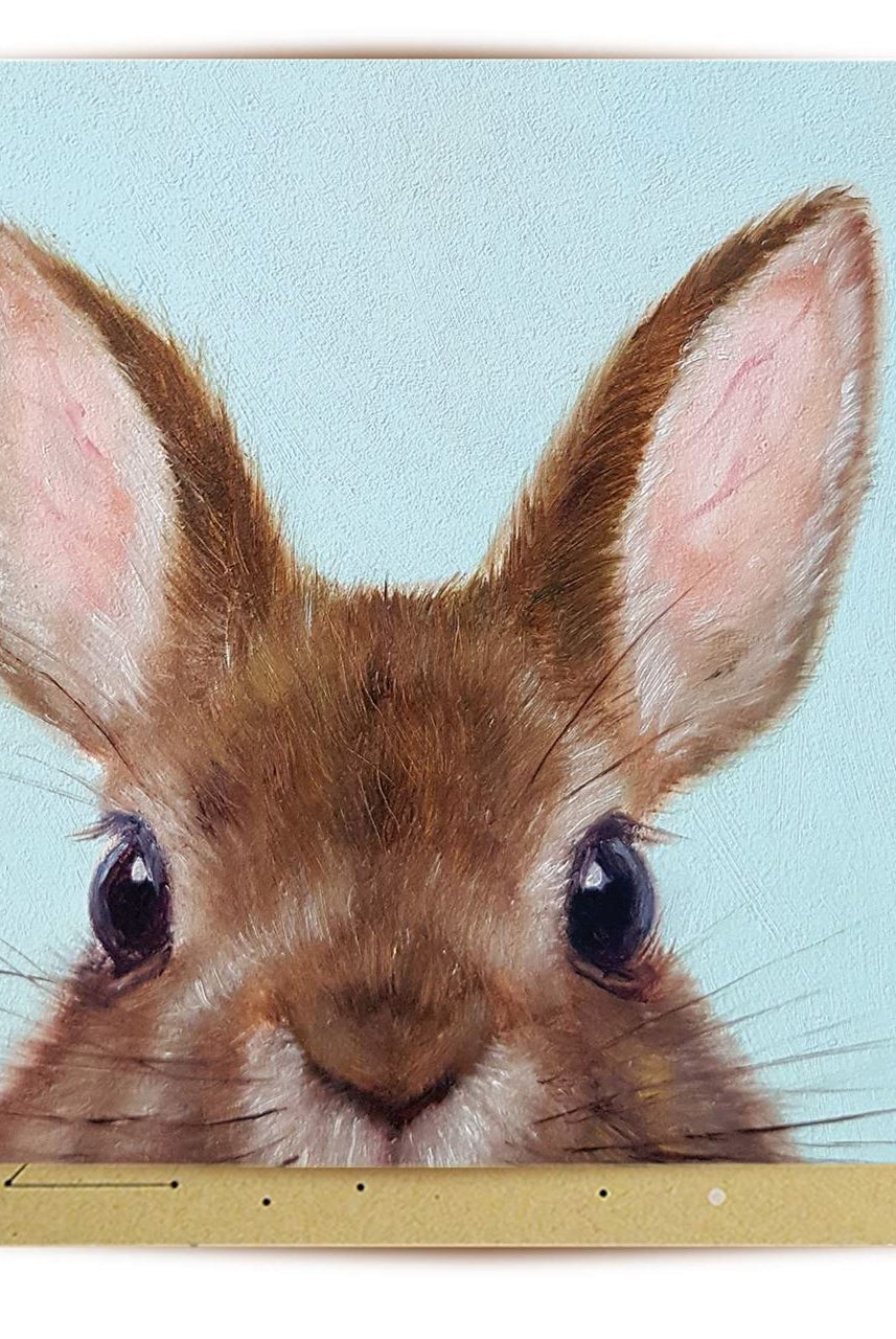 Little Bunny Card by La La Land, featuring a brown rabbit on a pale blue background
