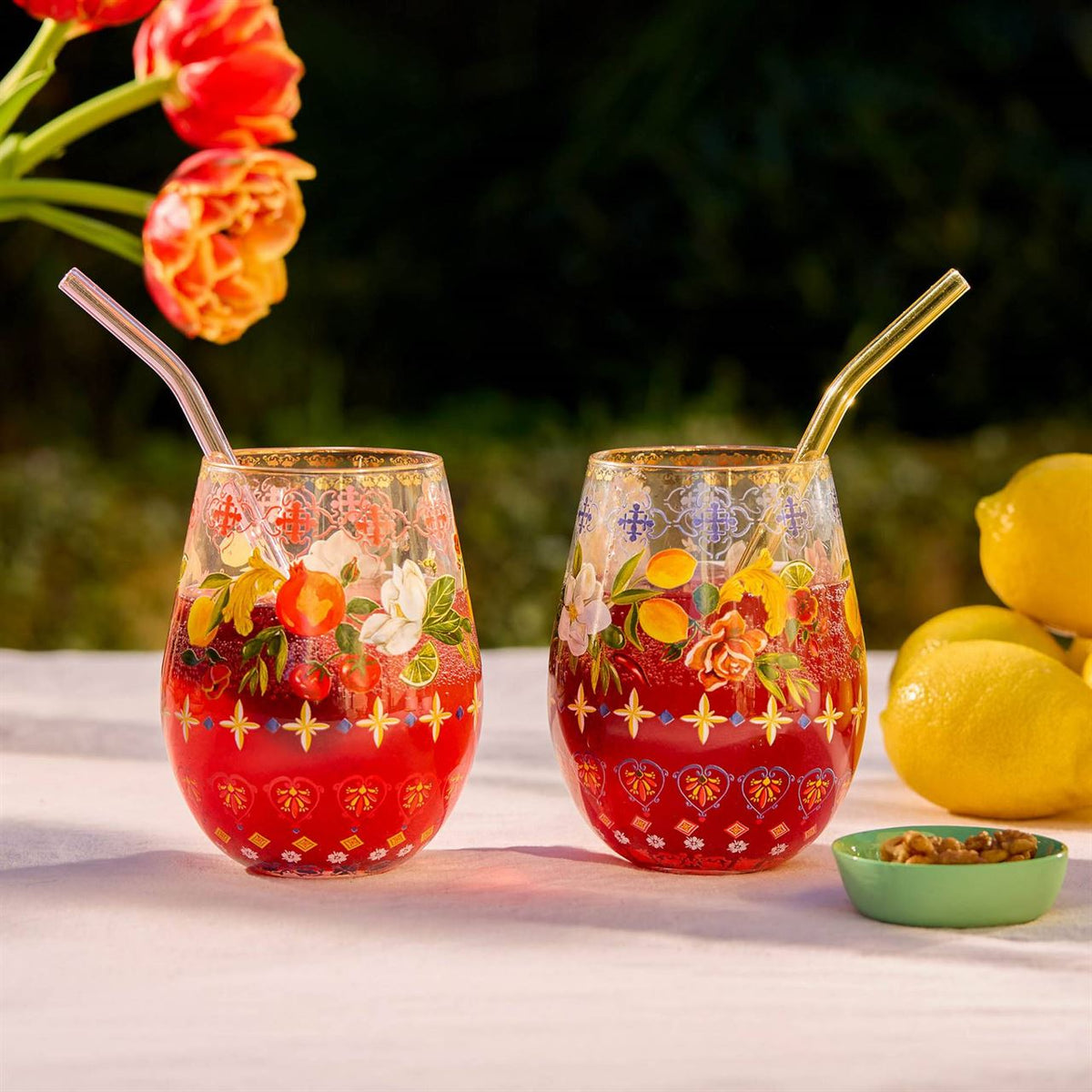 Italian Summer tumblers styled with drinks