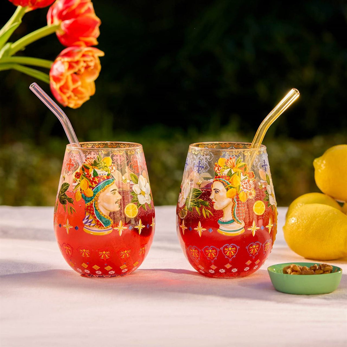 Another view of Italian Summer tumblers styled with drinks