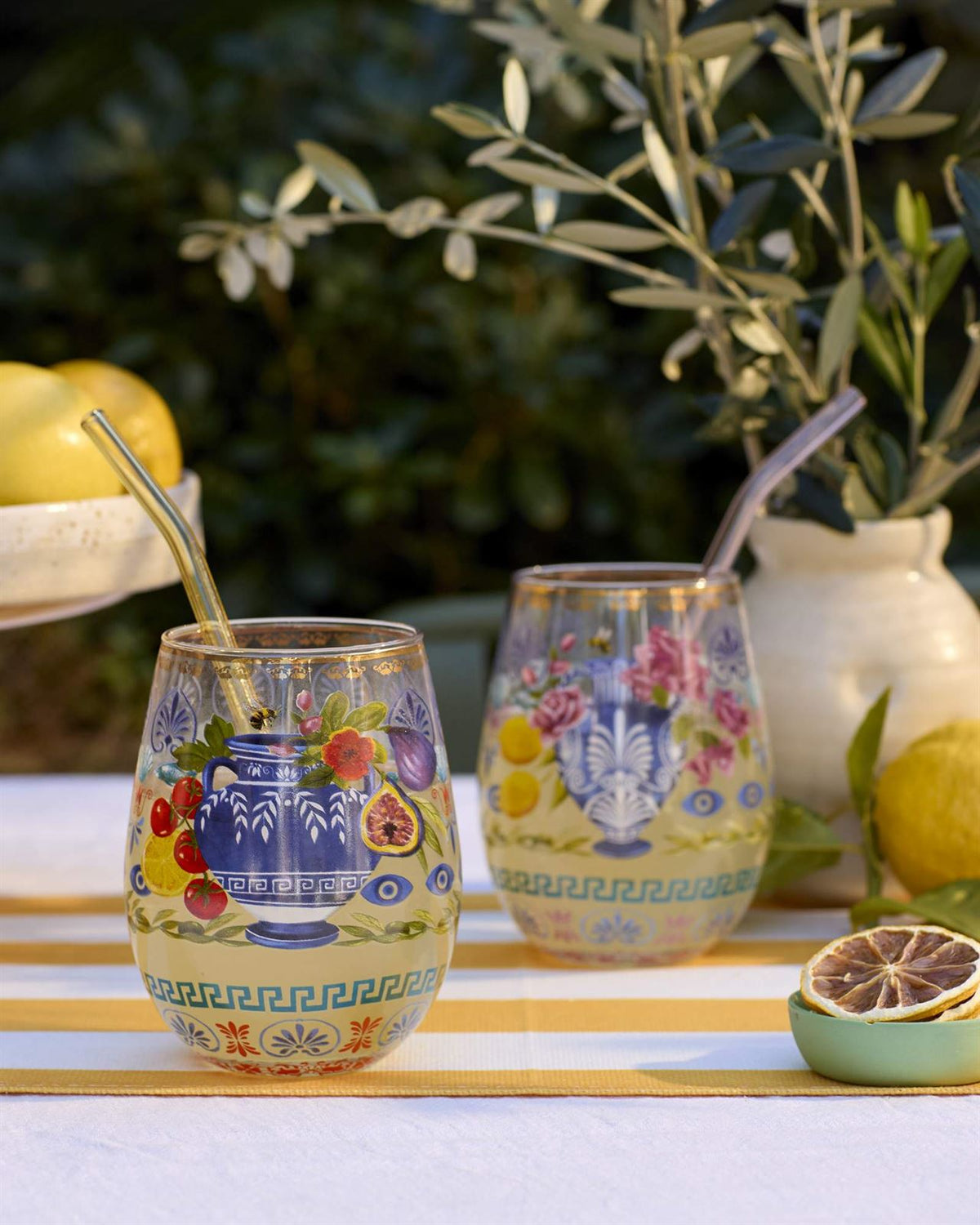 Mediterranean Summer tumblers styled with drinks