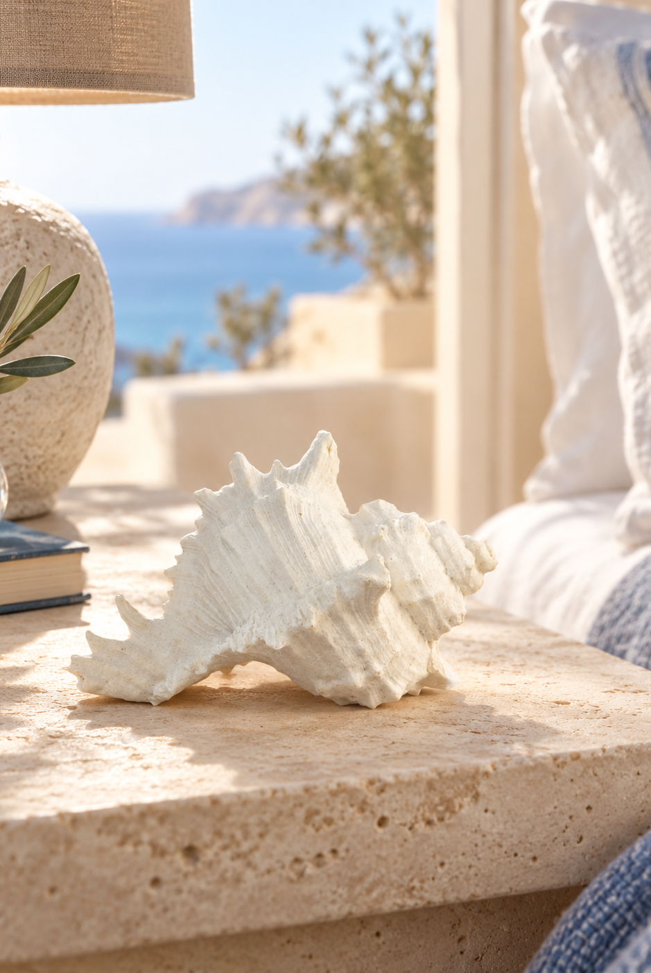 Murex resin shell ornament styled in a sunlit coastal bedroom