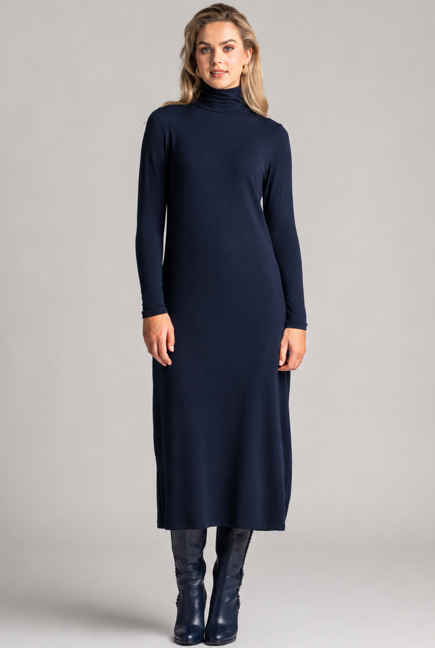 PAULA RYAN Easy Fit Polo Neck Sheath Dress - Navy Merino - Paula Ryan