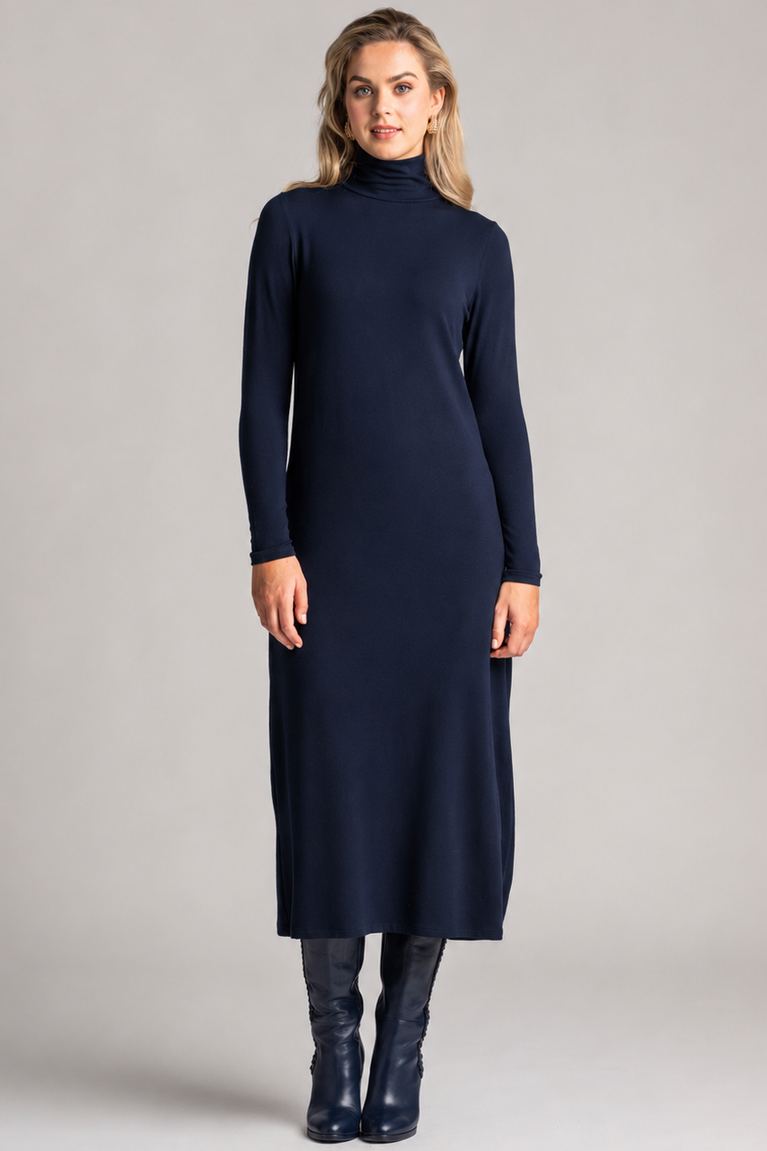 PAULA RYAN Easy Fit Polo Neck Sheath Dress - Navy Merino - Paula Ryan