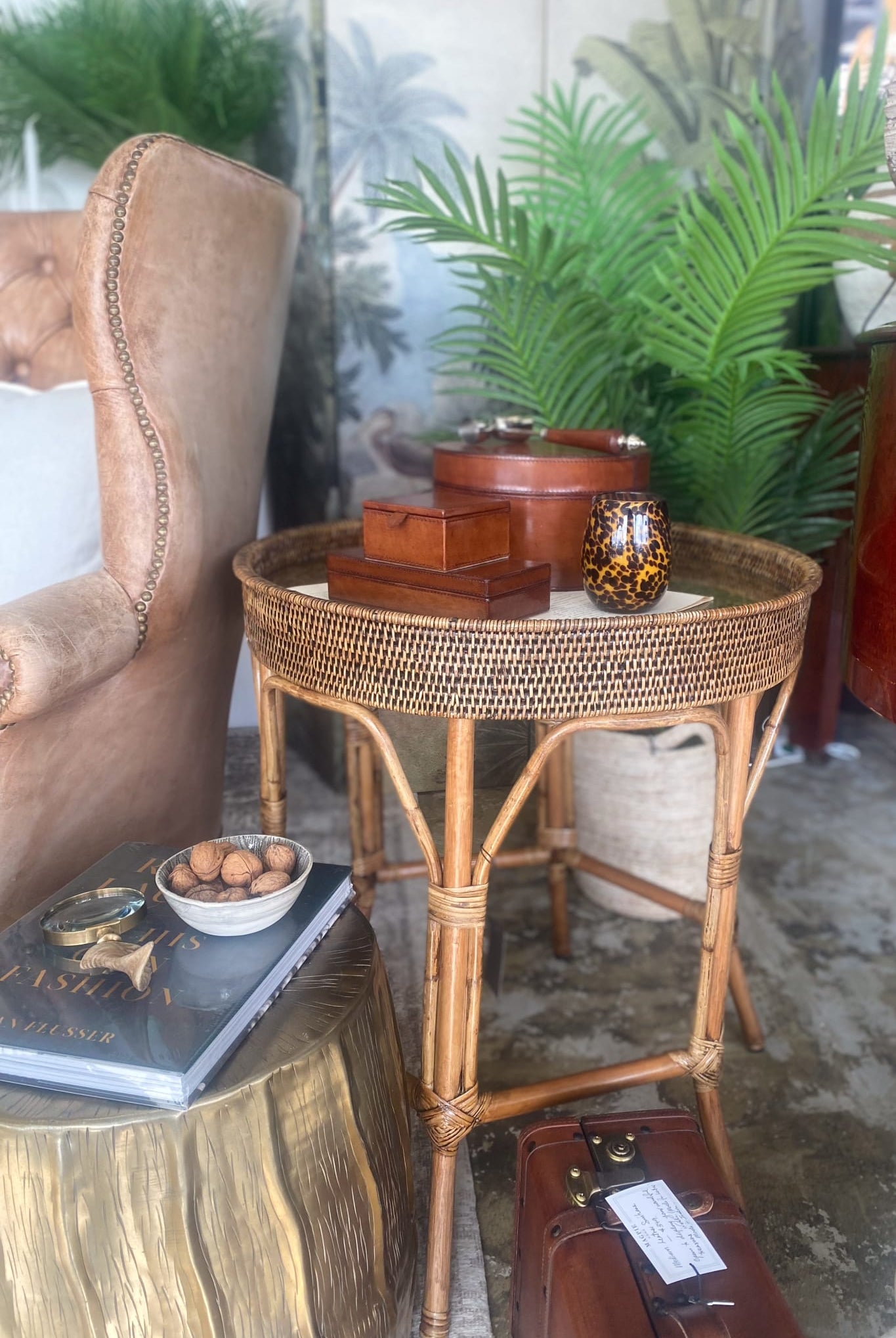 Rattan Colonial Round Side Table with Glass Insert - Magpie Style