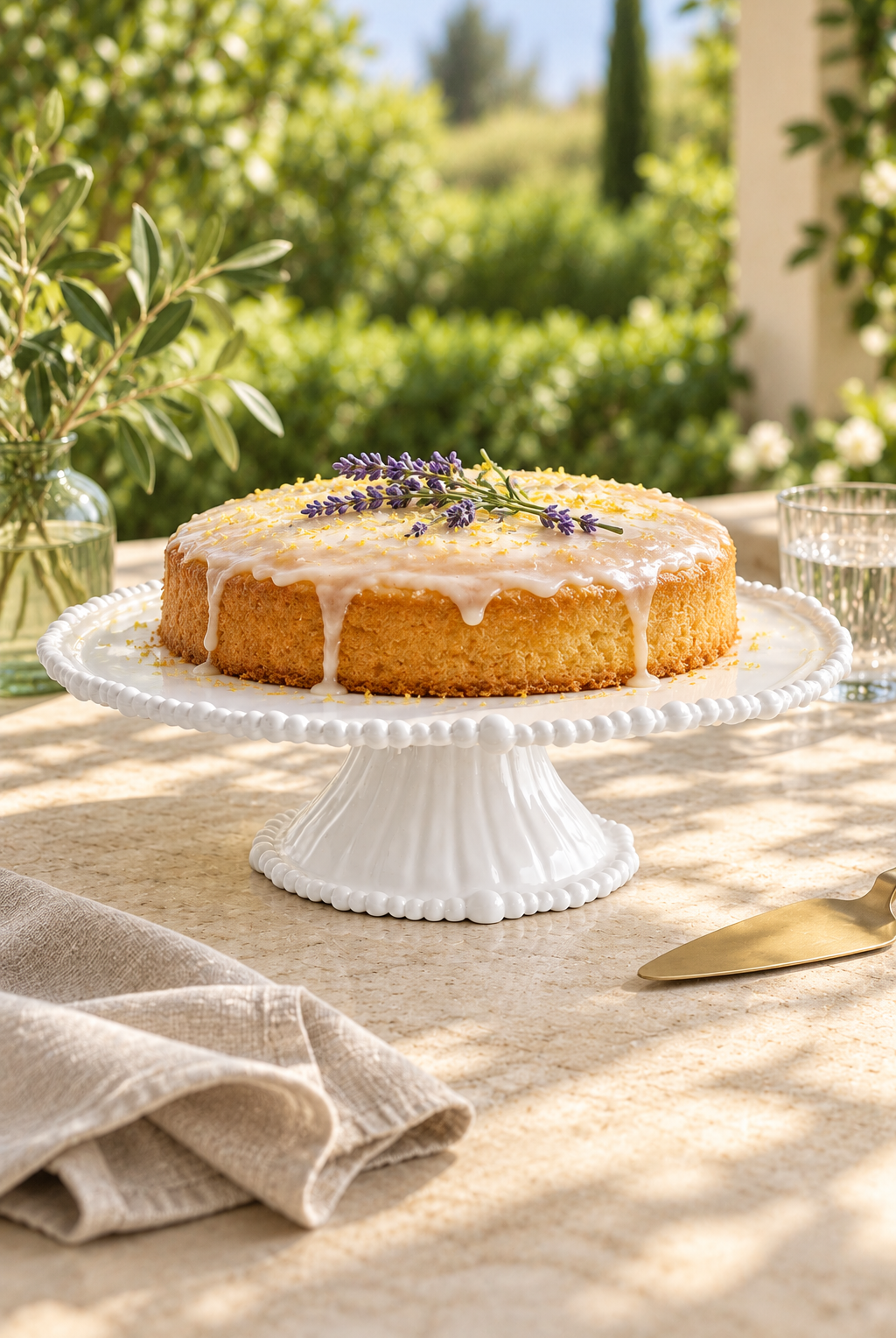 White Pearl Melamine cake stand with lemon cake and lavender in a sunlit garden