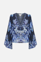 CAMILLA -  V Neck Blouson Sleeve Blouse Delft Dynasty - Magpie Style