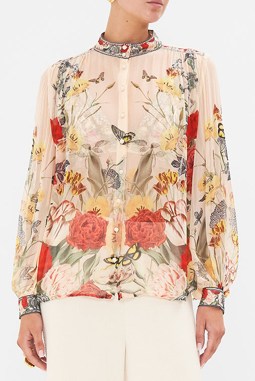CAMILLA - High Neck Button through Blouse Etched into Eternity - Magpie Style