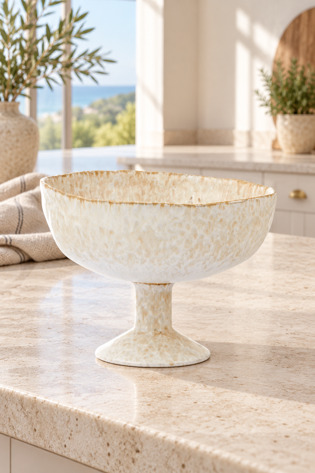 Speckled Pedestal Bowl styled in a sunlit coastal home; Coast to Coast KW2869