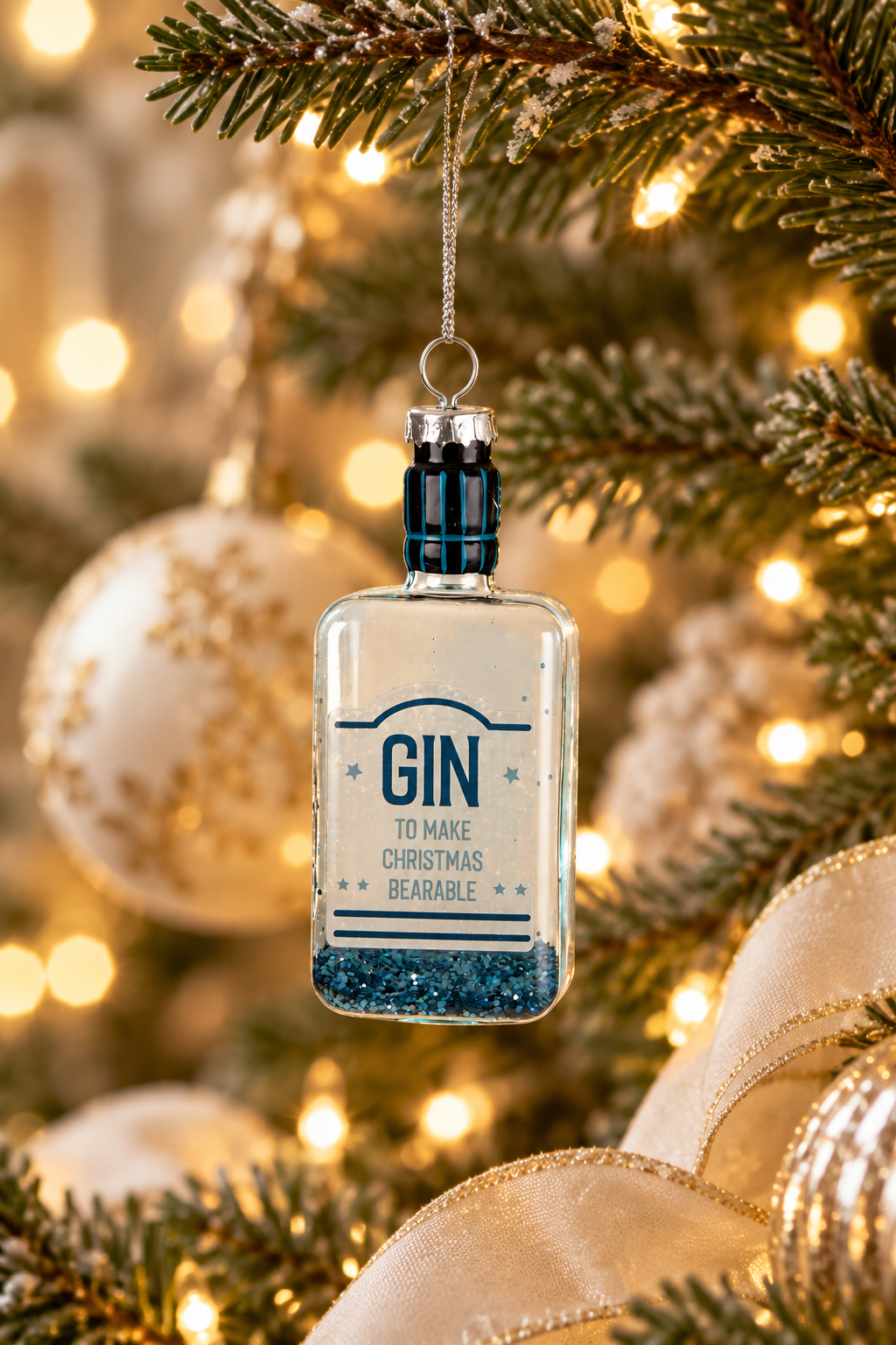 Gin Bottle Glass Tree Ornament - Blue styled in a warm festive home; Coast to Coast XX10344