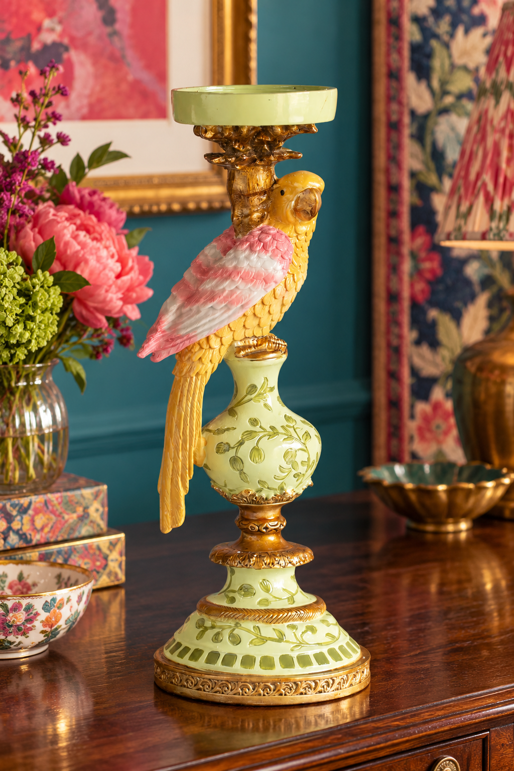 Polly Parrot Candle Holder - Pink styled in a colourful eclectic home; Coast to Coast CA2919