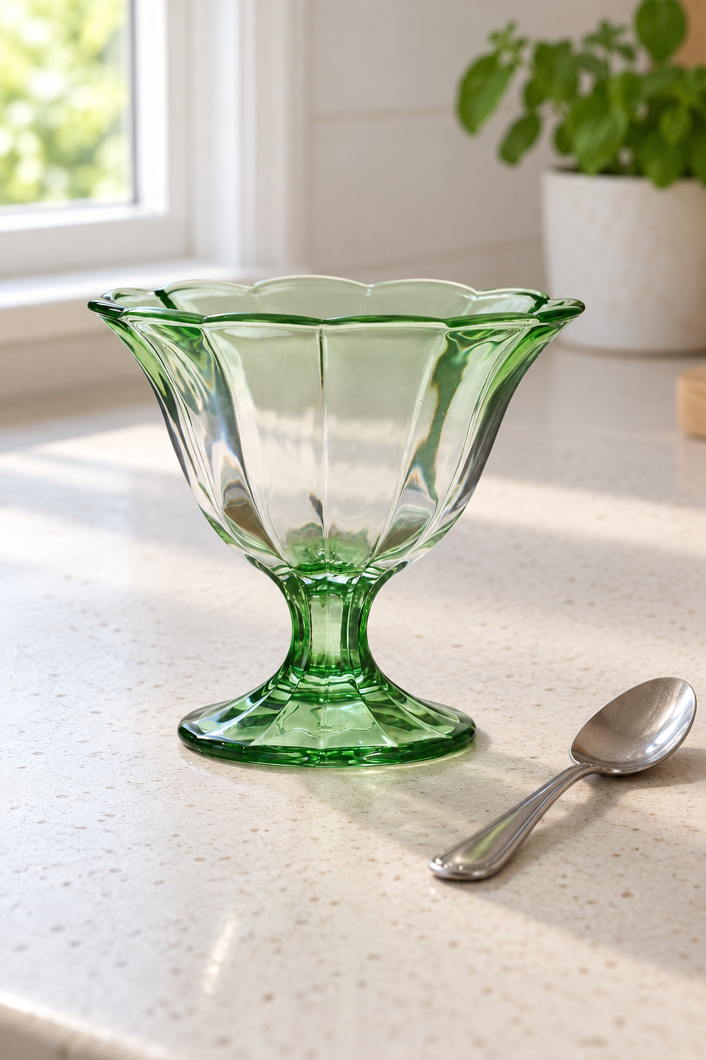 Abby Footed Glass Bowl - Green on a pale kitchen bench beside a teaspoon, showing translucent glass; Coast to Coast TW1117