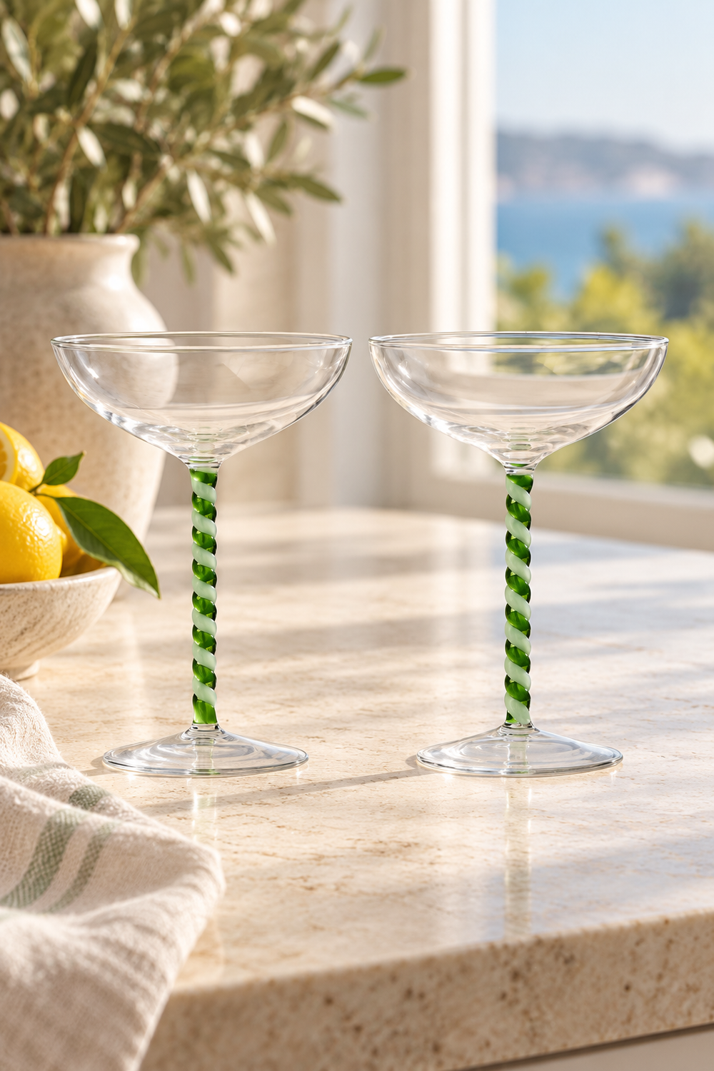 Swirl Coupe Glasses - Green and White, Set of 2