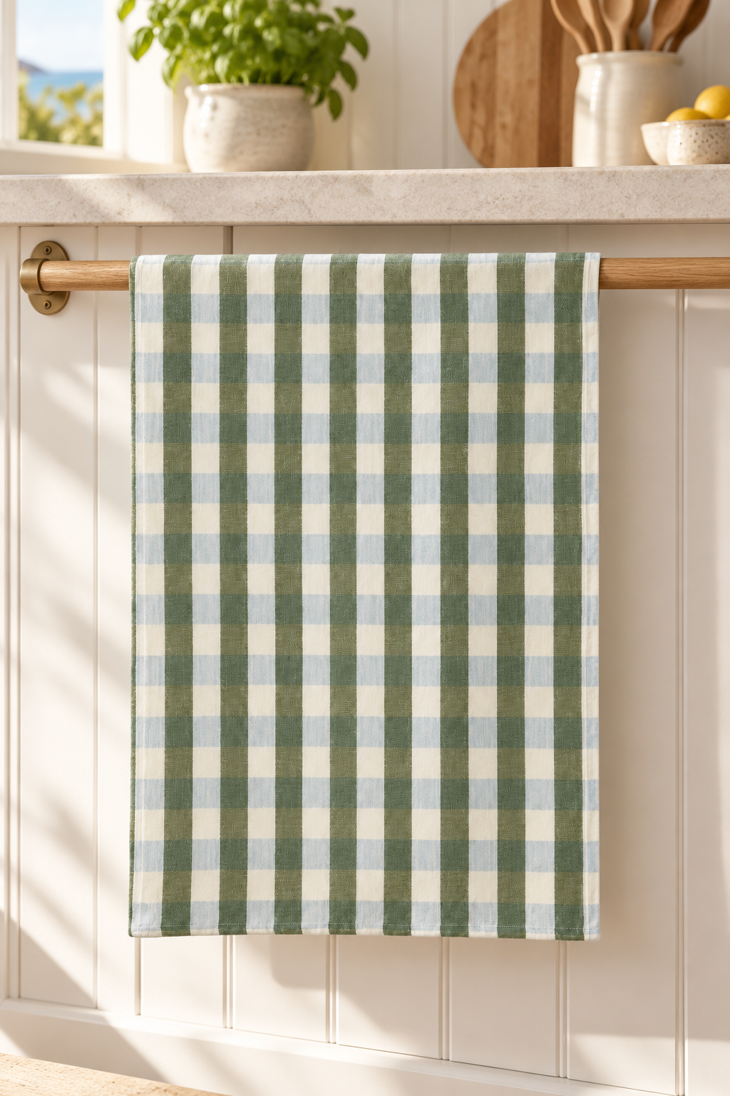 Kit recycled cotton green-check tea towel with ivory and pale blue checks, styled in a coastal kitchen; Coast to Coast HH1298-O