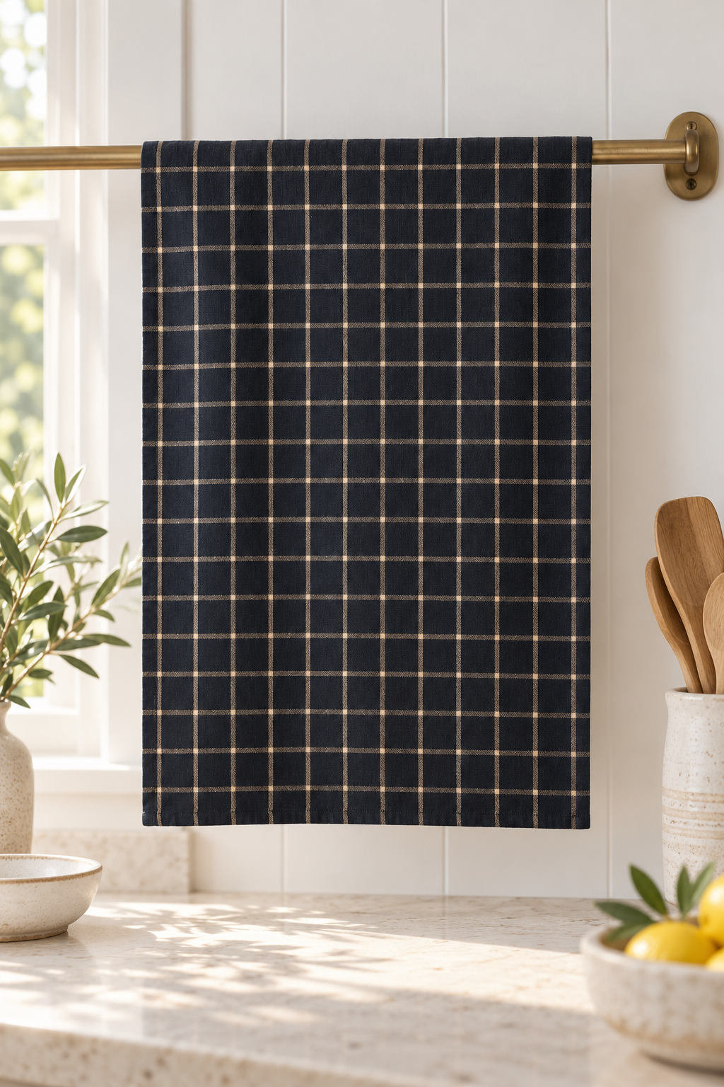 Kit Recycled Cotton Tea Towels - Black Check styled in a sunlit coastal home; Coast to Coast HH1297-B