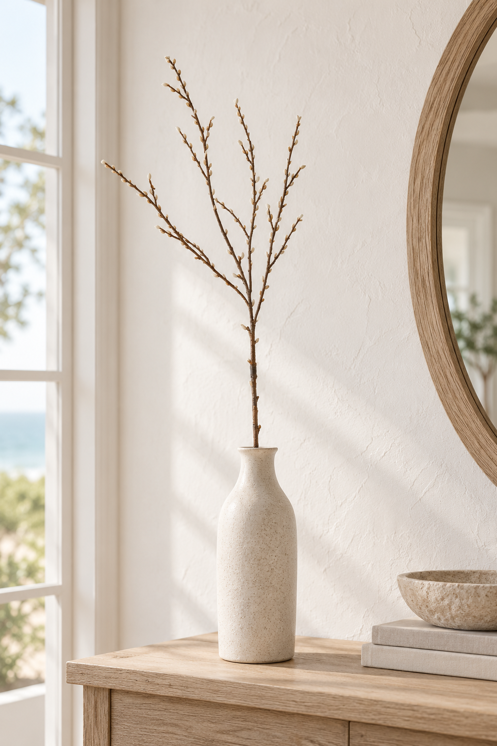 Natural bud branch styled in a coastal home
