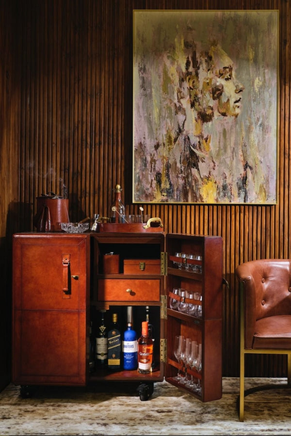Tan Leather Bar Cabinet - Magpie Style
