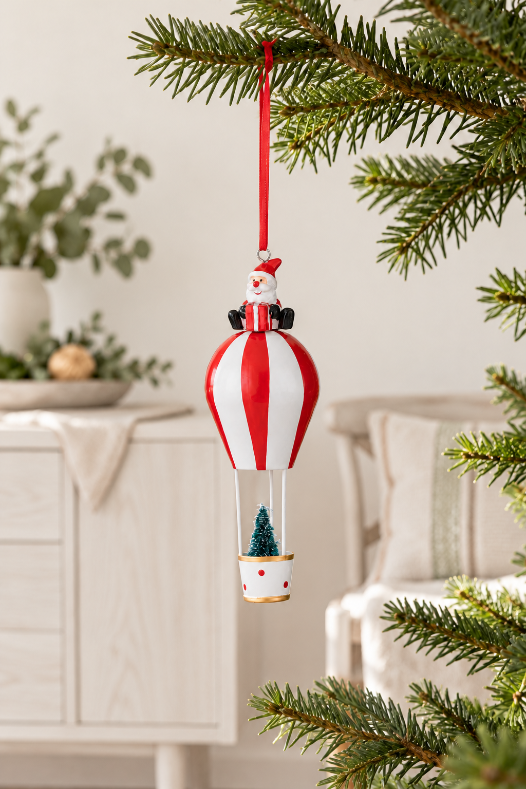 Balloon with Tree Hanging Decoration - Red & White styled indoors with pale whitewashed furniture and summer light; Coast to Coast XM0661