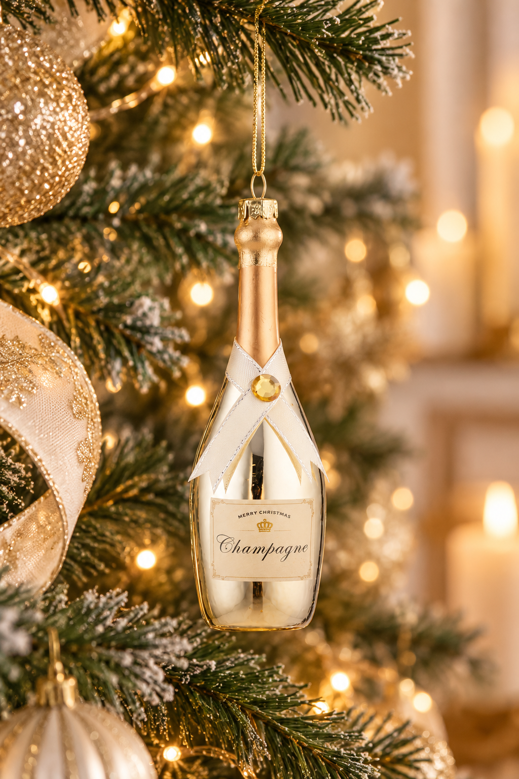 Gold champagne bottle glass ornament hanging from an evergreen branch in a warmly lit Christmas setting