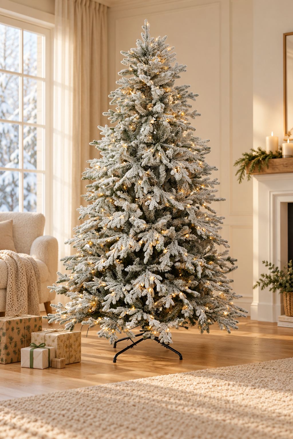 Snow-Finish Christmas Tree with LED Tips - 210cm styled in a warm festive home; Coast to Coast XM0948