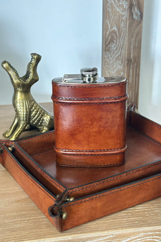 Leather Hip Flask with Ridges - Tan
