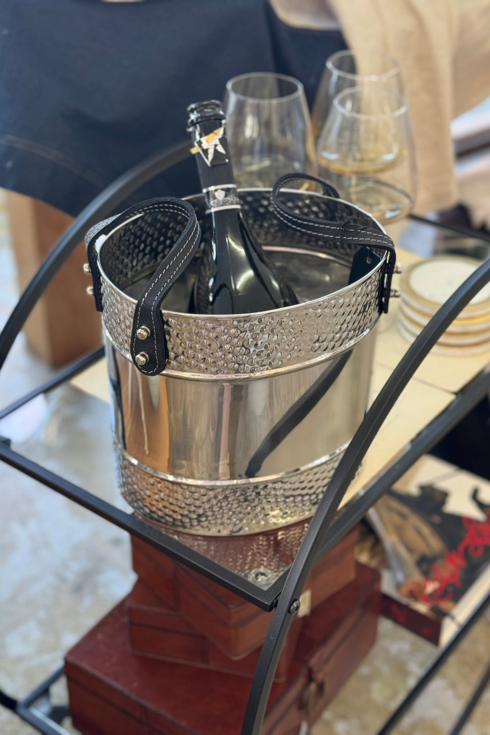 Double Band Hammered Champagne Bucket with Black Leather Handles